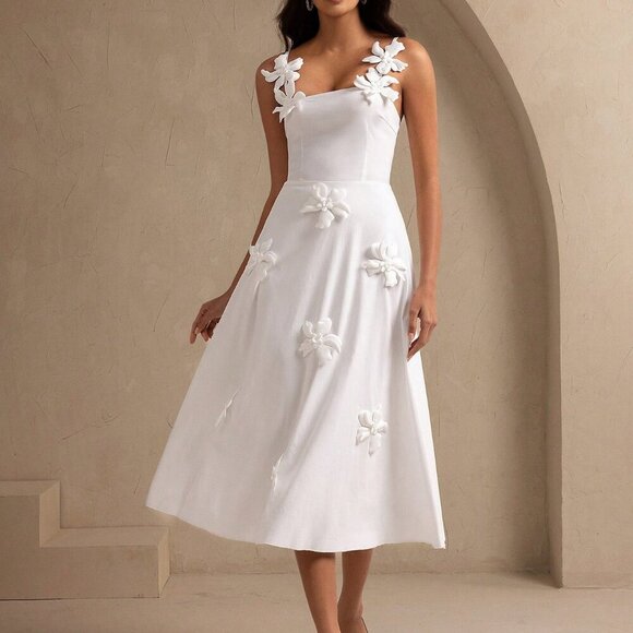 White Elegant Women's 3d Flower Sleeveless Sling Maxi Dress - Picture 4 of 8